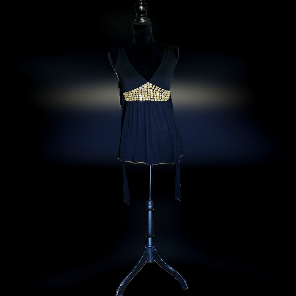 #C64 Women’s Dressy Black & Gold Beaded Sleeveless V Neck